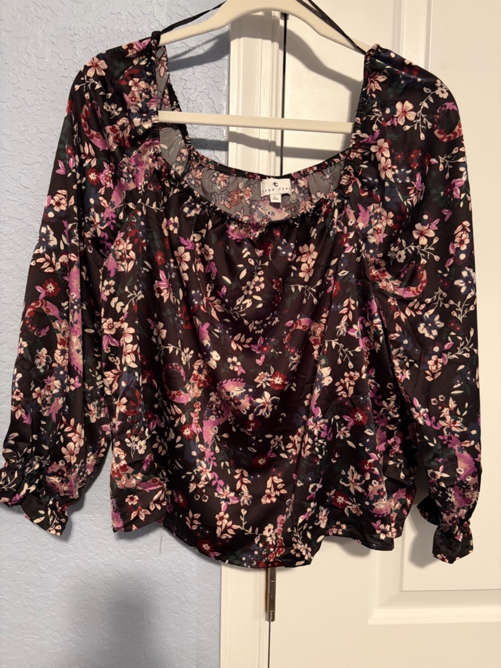 Silk Floral Peasant Blouse in Black and Purple - Women's Top